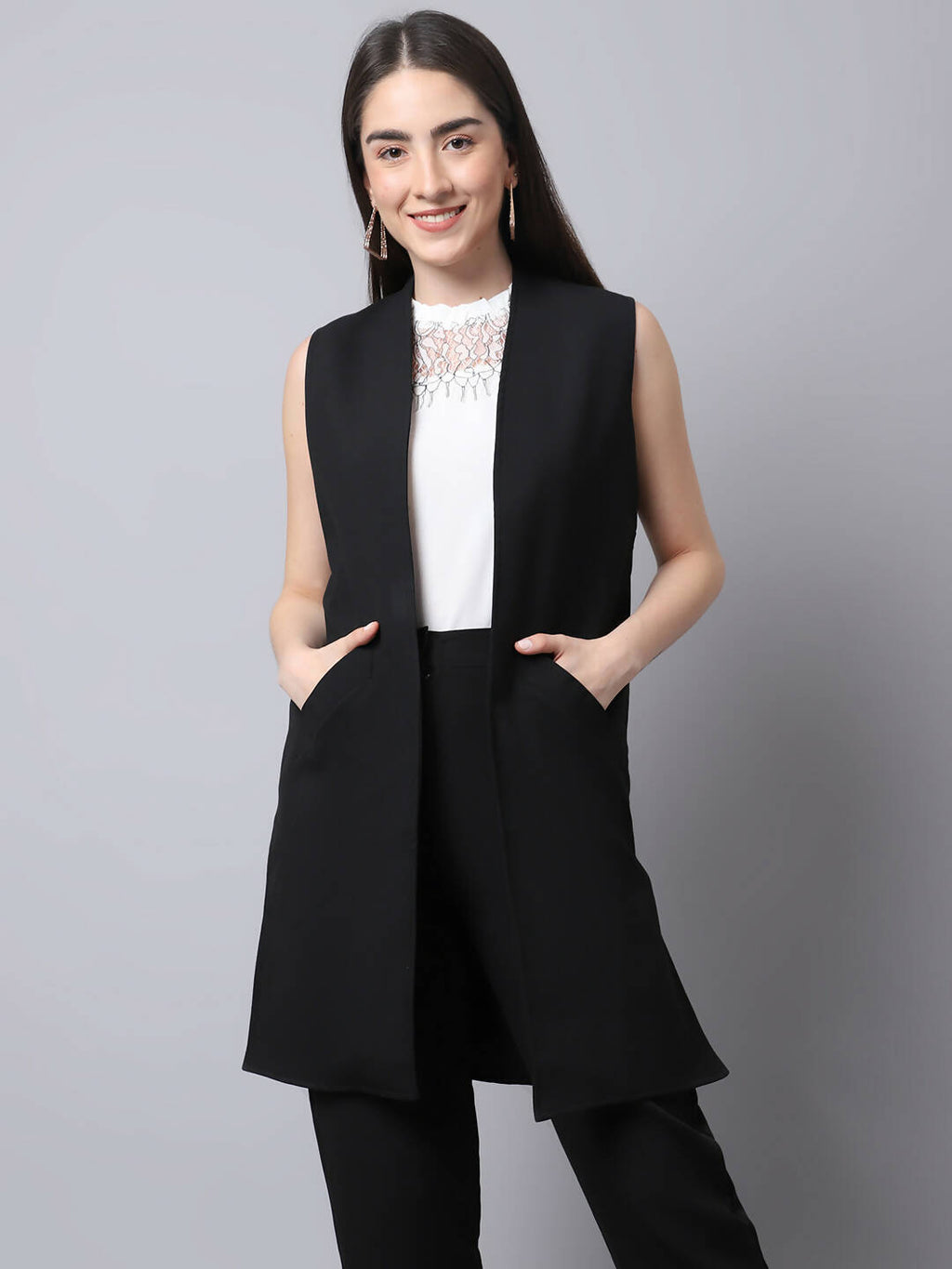Even Apparels Black Polywool Open Front Women's Long Coat PW668 | Grocsy