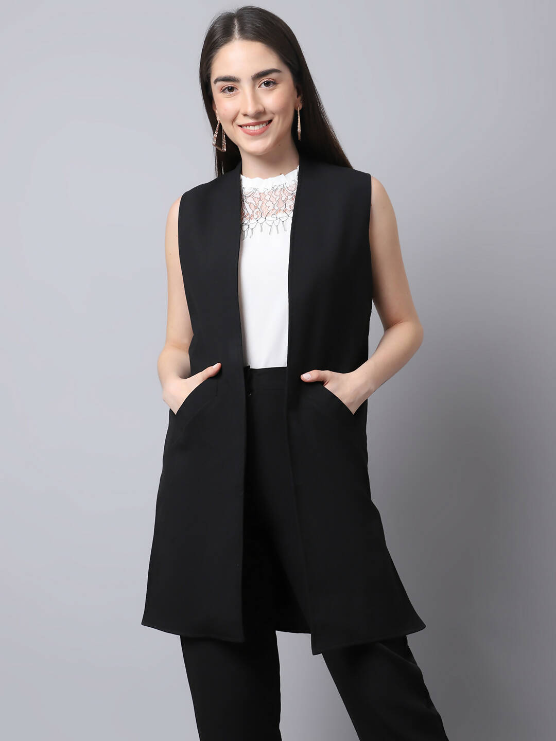 Even Apparels Black Polywool Open Front Women's Long Coat PW668 | Grocsy
