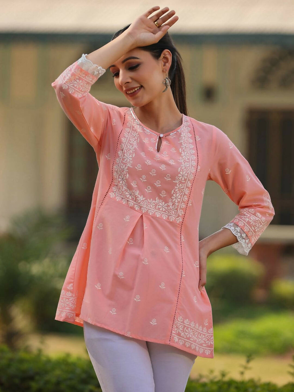 Juniper Women's Peach Cambric Floral Printed Tunic | Grocsy