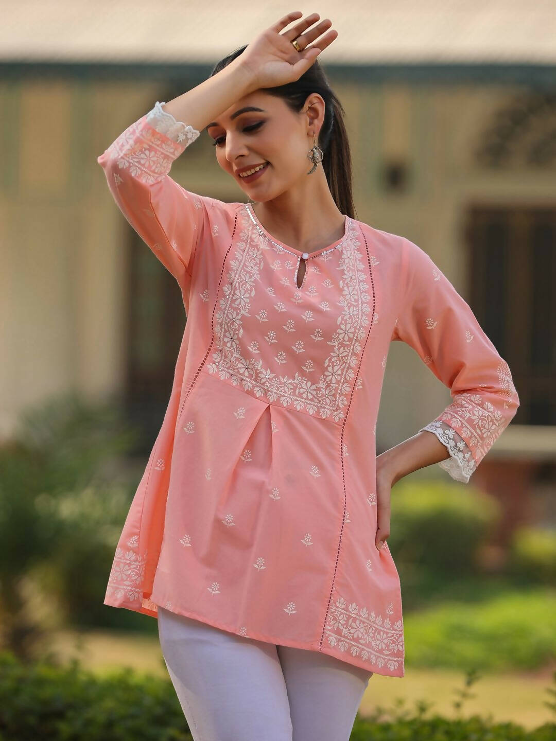 Juniper Women's Peach Cambric Floral Printed Tunic | Grocsy