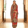 Deep Red Silk With Banarasi Print Work Saree - Trirath Yamuna | Grocsy