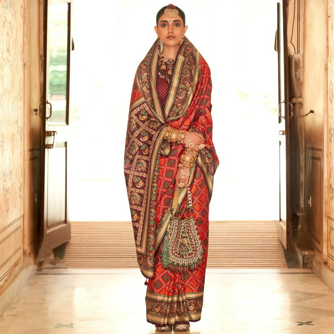 Deep Red Silk With Banarasi Print Work Saree - Trirath Yamuna | Grocsy