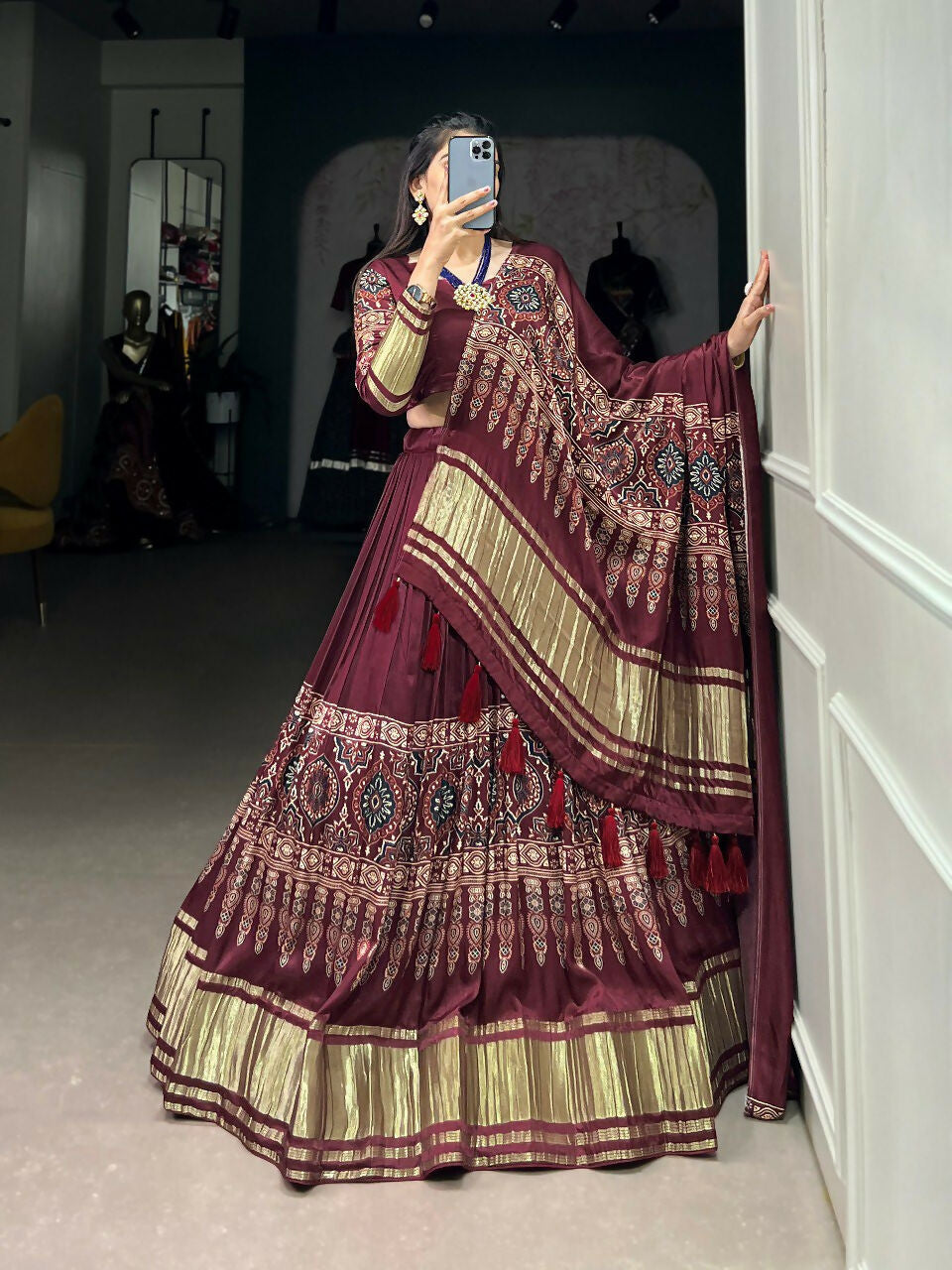Vastranavya Traditional Every Occasion Gaji Silk Digital Print With Lagadi Patta Lehenga with Unstitched Blouse - Maroon | Grocsy