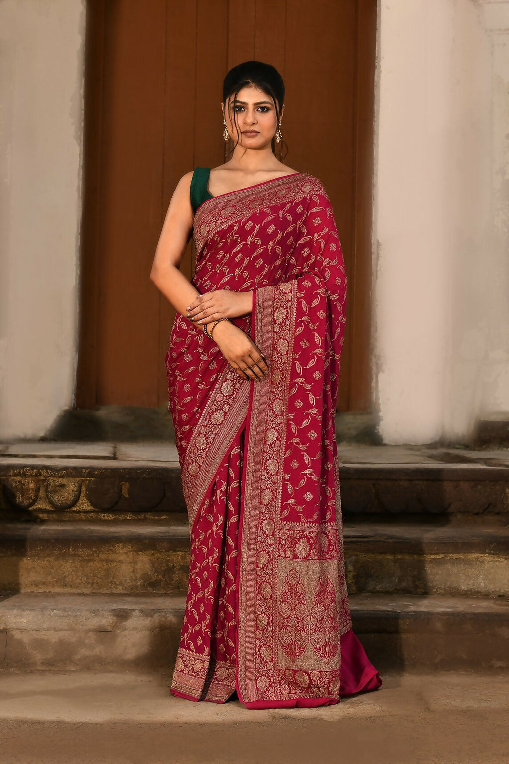 Joban Fashion Hot Pink Crepe Chiffon Banarasi Pure Handloom Banarasi Silk Saree | Grocsy