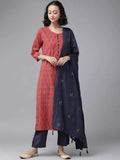 Yufta Women Red Pure Cotton Handblock Print Kurta with Trouser & Dupatta | Grocsy