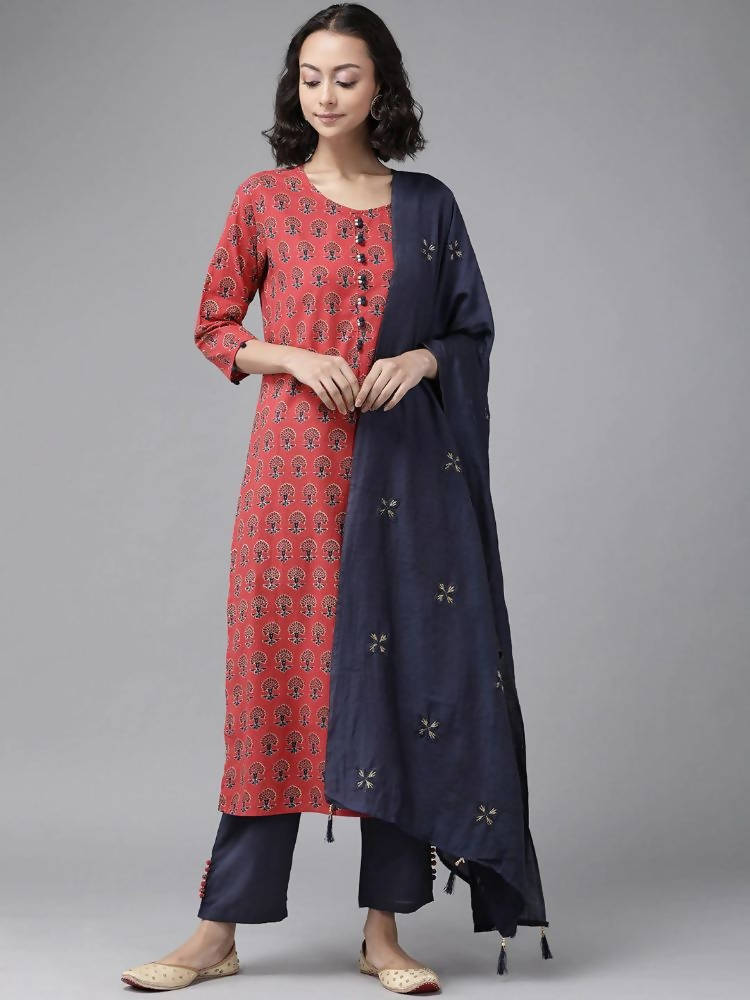 Yufta Women Red Pure Cotton Handblock Print Kurta with Trouser & Dupatta | Grocsy
