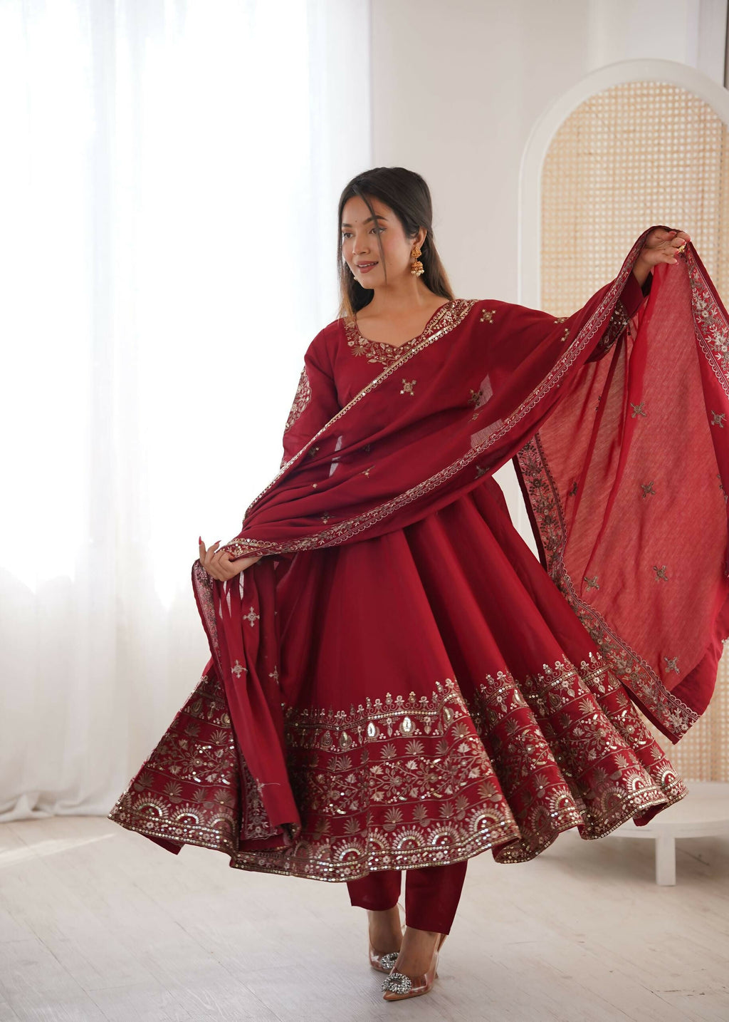 Teeya Creation Maroon Roman Silk Embroidery Work Party Wear Long Gown | Grocsy