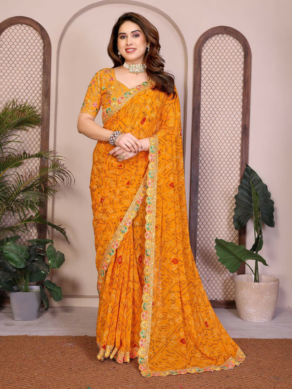 Teeya Creation Womens Trendy Simply Bandhej Georgette Saree-Yellow | Grocsy