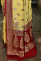 Joban Fashion Pale Yellow Crepe Chiffon Pure Handloom Banarasi Silk Saree | Grocsy