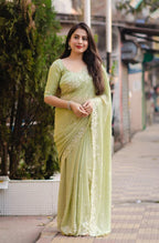 Green Pure Chiffon Woven Design Saree with Unstitched Blouse - A2M | Grocsy