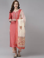 Yufta Women Pink Ethnic Motifs Embroidered Kurta with Palazzo & Dupatta | Grocsy