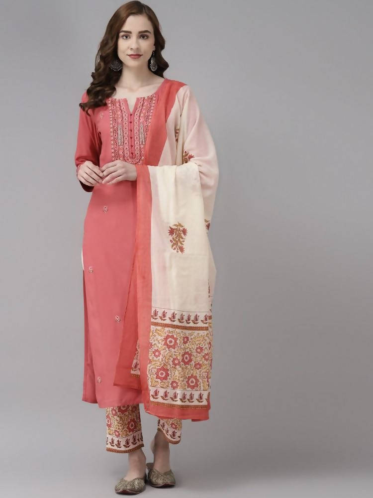 Yufta Women Pink Ethnic Motifs Embroidered Kurta with Palazzo & Dupatta | Grocsy