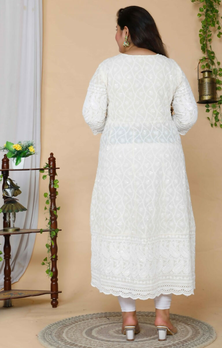 Miravan Women's Plus Size Beige Chikankari Thread Work Anarkali Kurta With Dupatta | Grocsy