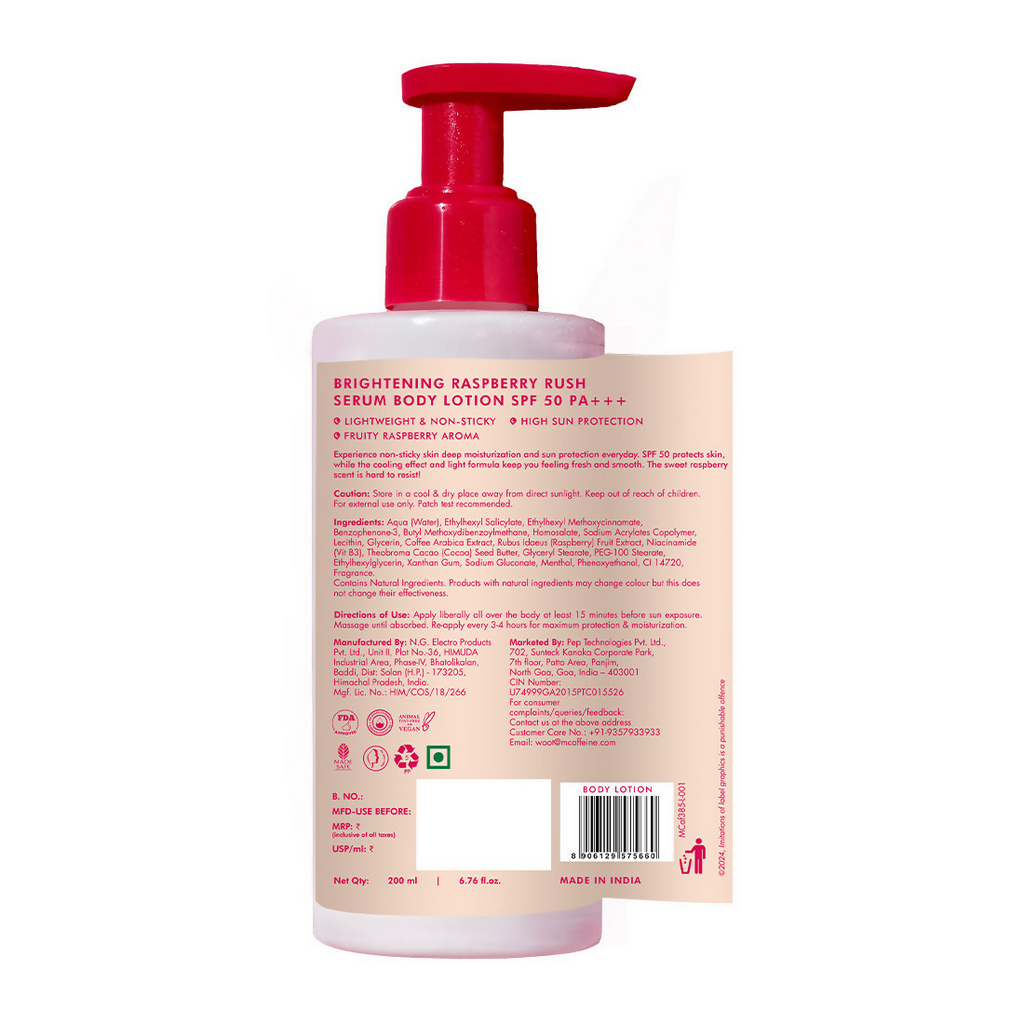 mcaffeine Brightening Raspberry Rush Serum Body Lotion SPF 50 PA+++ | Grocsy