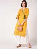 Cheera Hand Block Print Yellow Color Straight Kurta | Grocsy