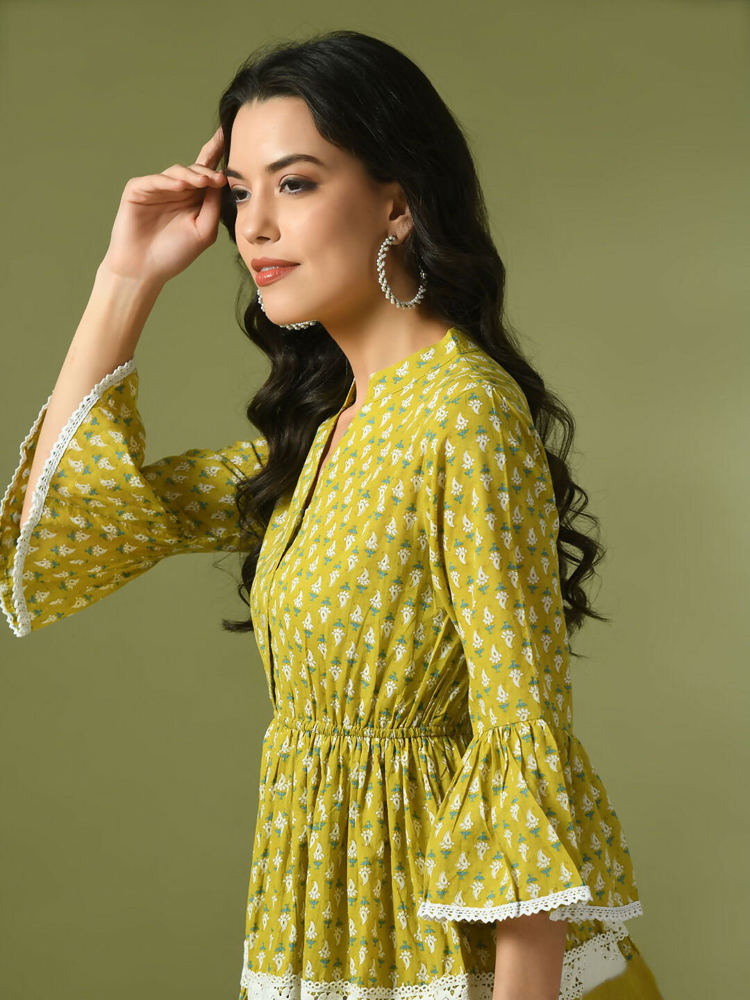 Myshka Women's Yellow Embellished Cotton Gathered Party Empire Top | Grocsy