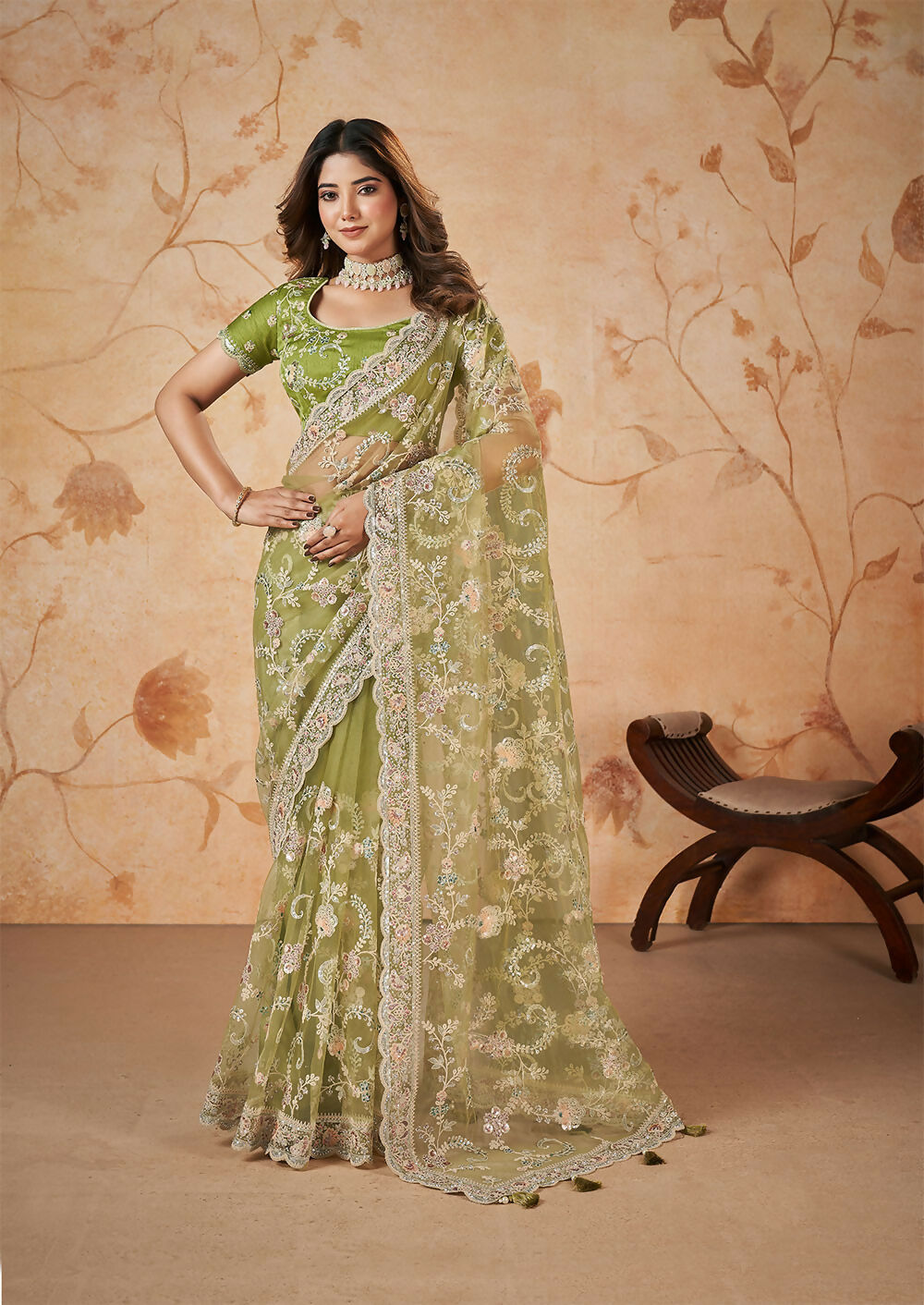 Green Net Sequence & Cord Embroidered Saree - Mohmanthan Dakshika | Grocsy