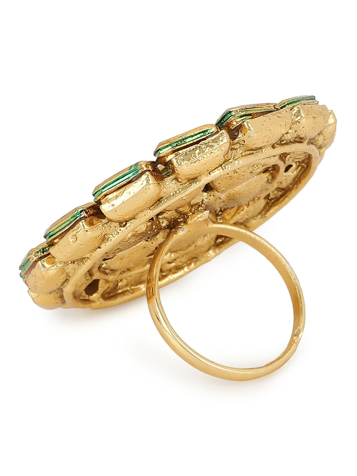 Gold-Polished White Kundan Studded Adjustable Finger Ring - Ruby Raang | Grocsy