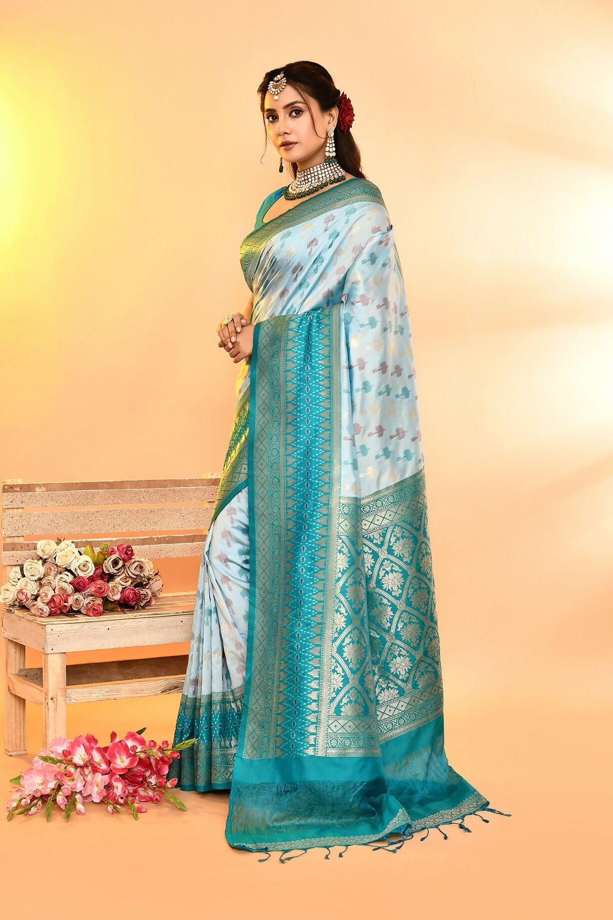 Joban Fashion Sky Blue & Rama Plain With Weaving Border Banarasi Silk Sarees | Grocsy