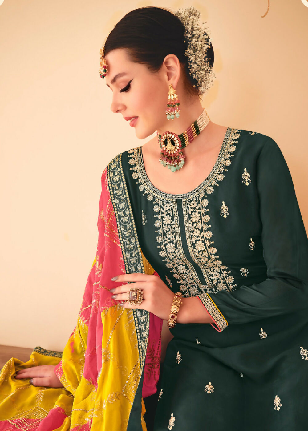Dazzling Green Embroidered Chinnon Palazzo Salwar Kurta - Emponline | Grocsy