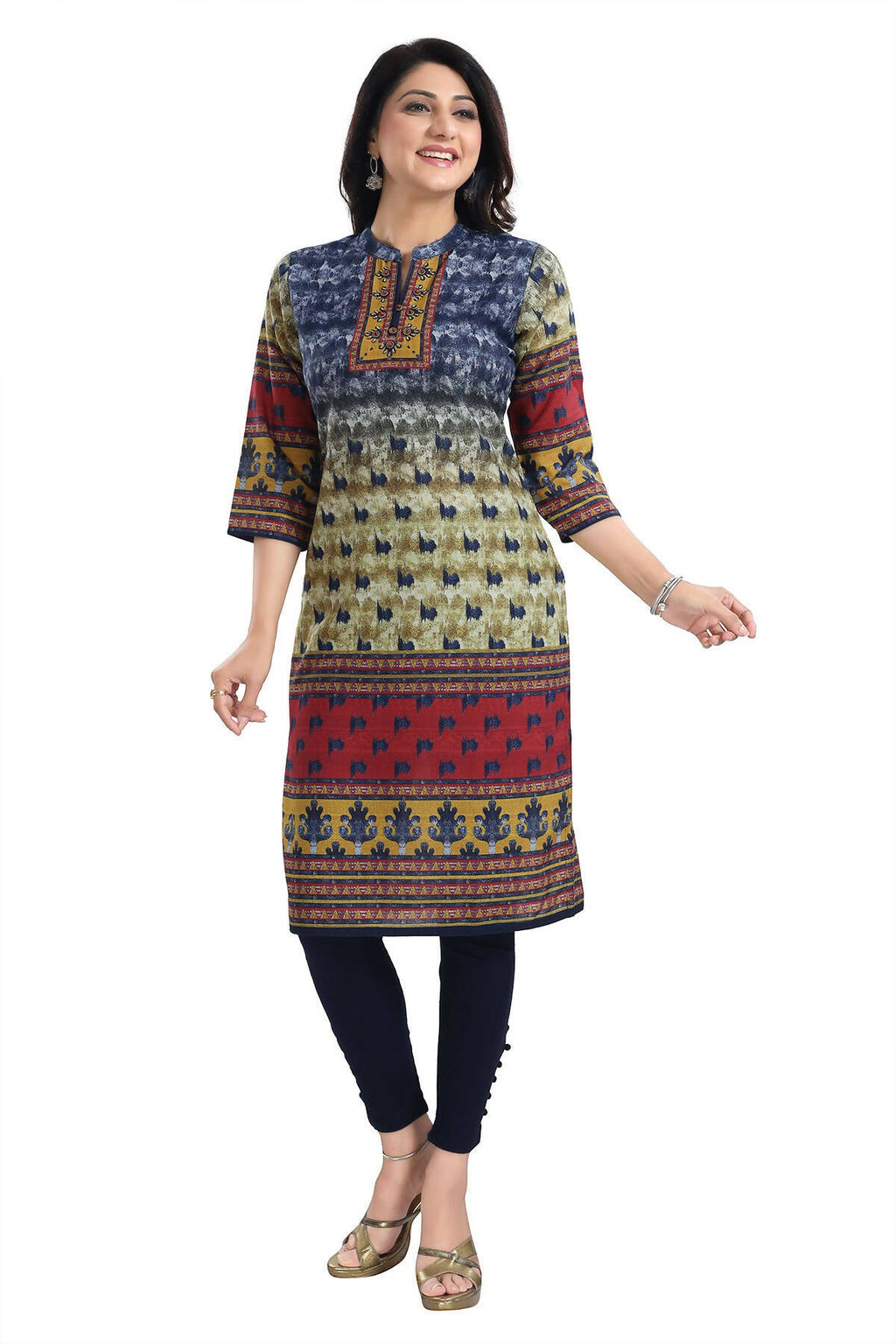 Snehal Creations Multicolored Designer Digital Print Cotton Slub Fabric Long Kurti Tunic | Grocsy