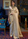 DEIANA'S Beautiful Designer Golden zari Soft Lichi Silk Saree - White | Grocsy