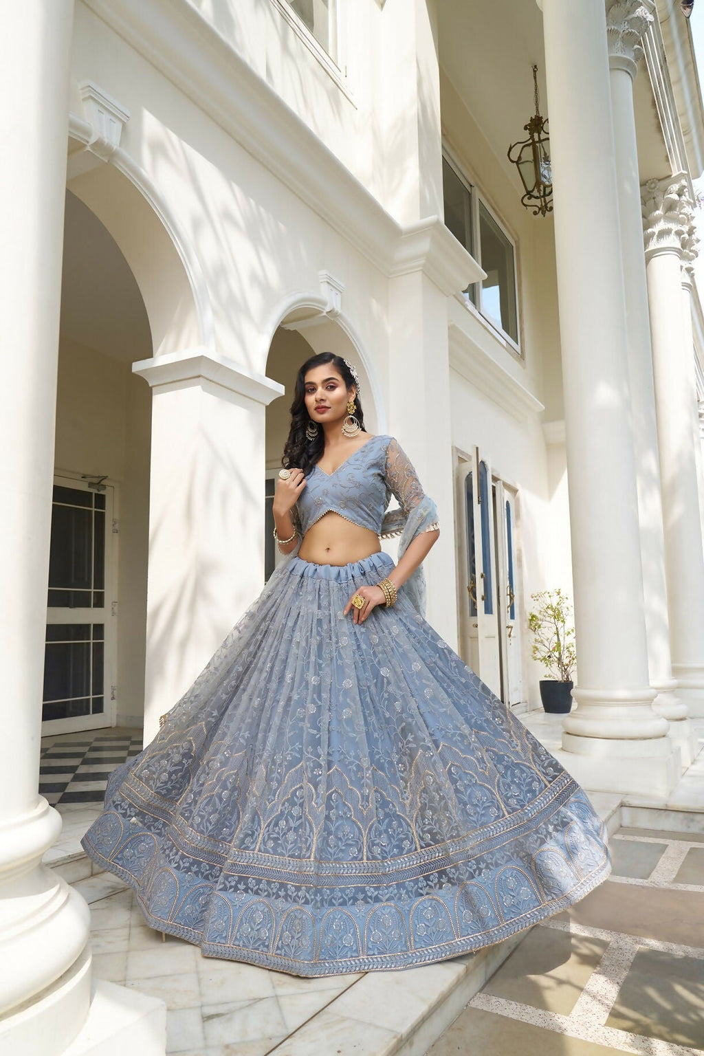 Eilara Light Blue Net Threadwork Lehenga | Grocsy