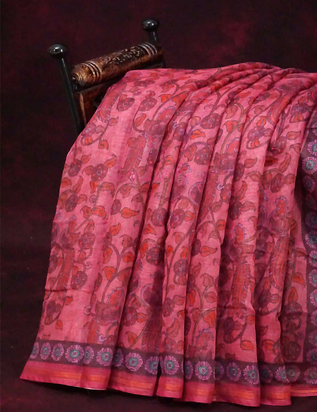Combination Of Tomato Pink And Rust Mix With Kalamkari Design Semi Chanderi Saree By Gayathri Reddy Designer Studio | Grocsy