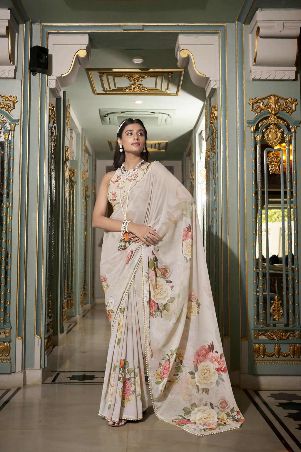 Vastranavya Off White Spectacular Georgette Printed with Pearl Lace Saree with Unstitched Blouse | Grocsy