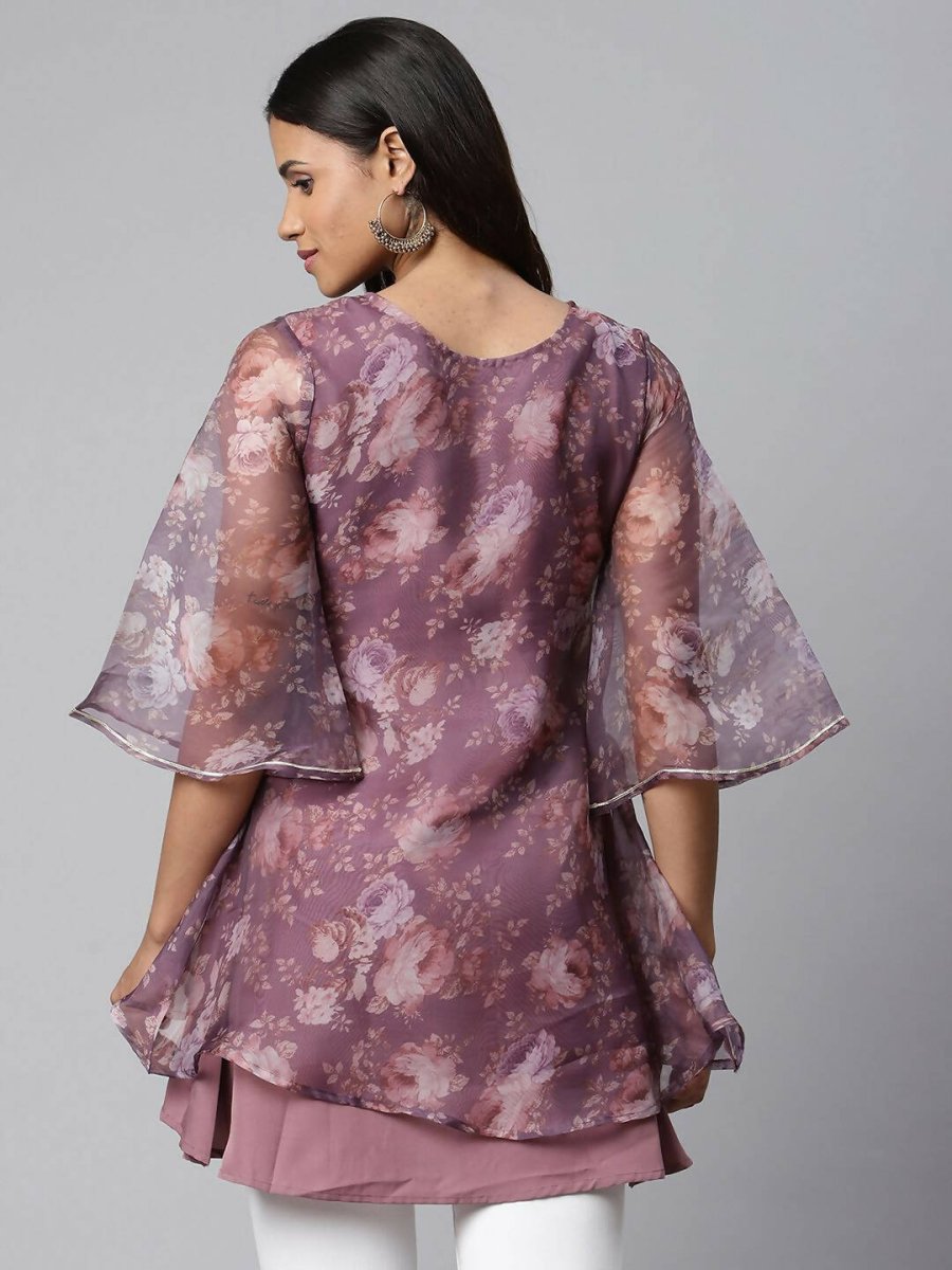 Ahalyaa Women Mauve Organza Digital Printed Tunic | Grocsy
