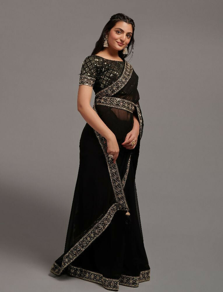 PR Fashion Black Zometo Embroidery Lace Saree | Grocsy