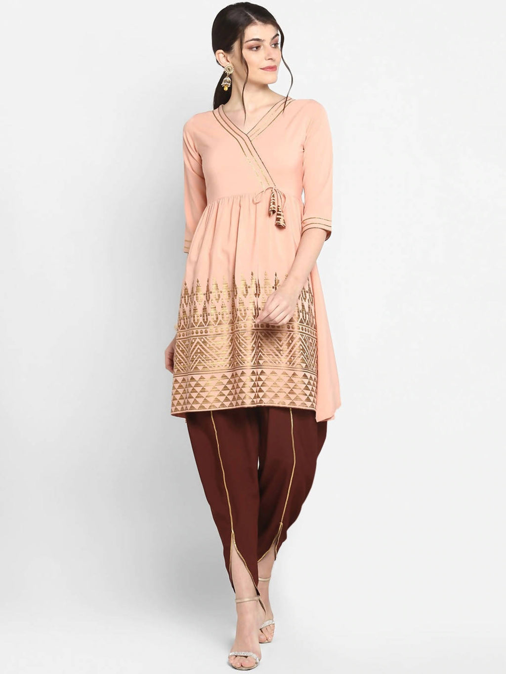 Janasya Women Peach-Coloured & Maroon Printed Angrakha Gotta Patti Kurta with Dhoti Pants | Grocsy