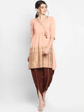 Janasya Women Peach-Coloured & Maroon Printed Angrakha Gotta Patti Kurta with Dhoti Pants | Grocsy