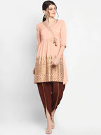 Janasya Women Peach-Coloured & Maroon Printed Angrakha Gotta Patti Kurta with Dhoti Pants | Grocsy