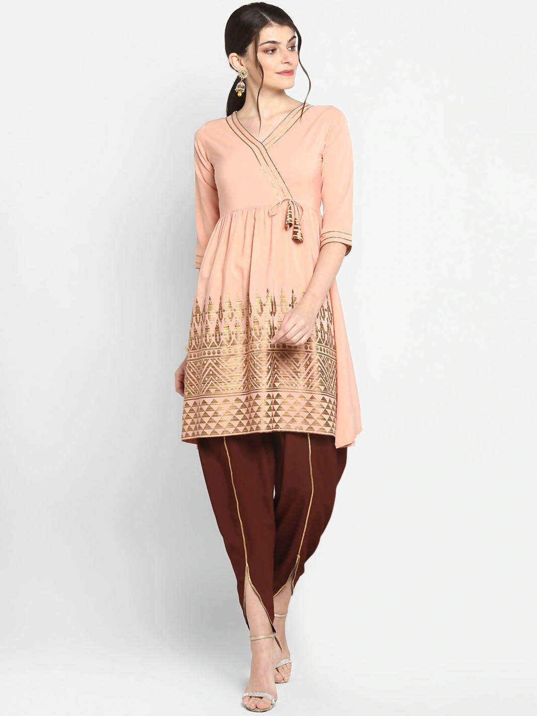 Janasya Women Peach-Coloured & Maroon Printed Angrakha Gotta Patti Kurta with Dhoti Pants | Grocsy