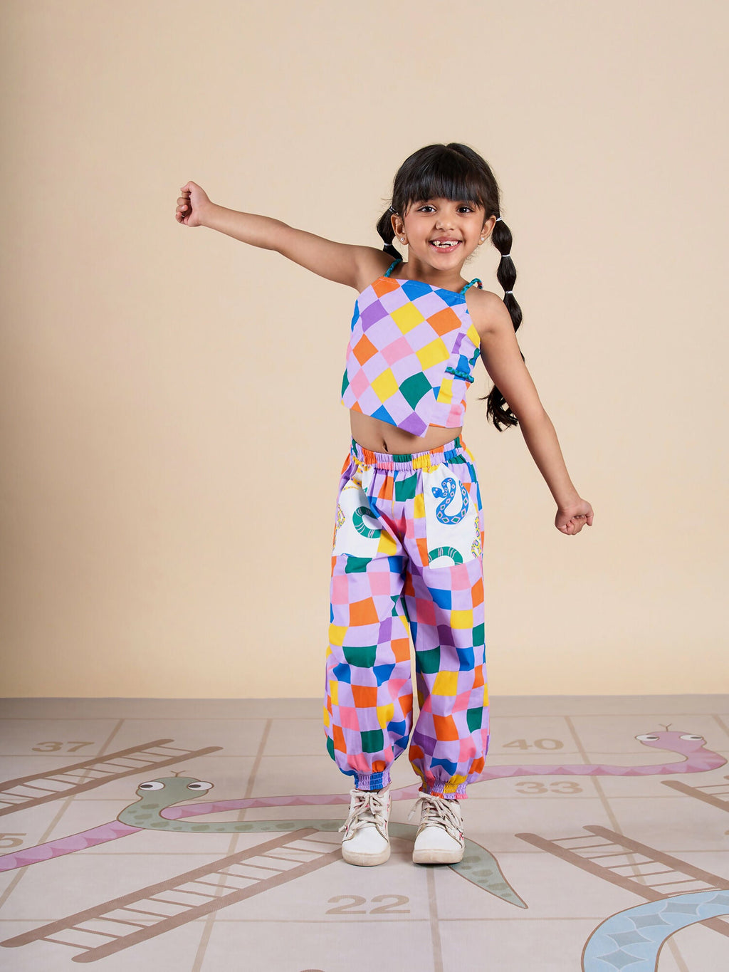 Snakes and Ladders Girls Multi Color Rotary Print Top and Pant Set from Siblings Collection | Grocsy