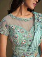 Sky Blue Fancy Crystal Crepe Sequence Embroidered Saree With Stitched Blouse - Mohmanthan La Belle | Grocsy