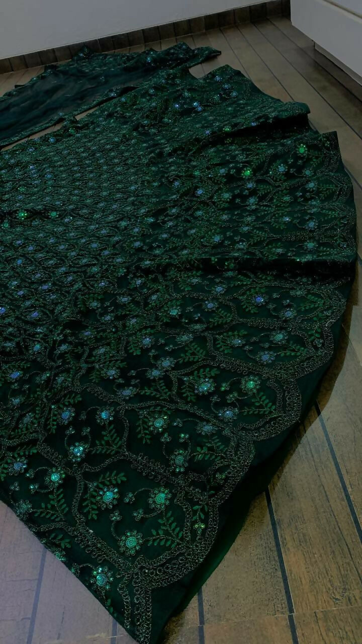 Jyoti Fashion Women's Dark Green Net Sequins with Dori & Thread Embroidered Designer Lehenga Choli Set | Grocsy