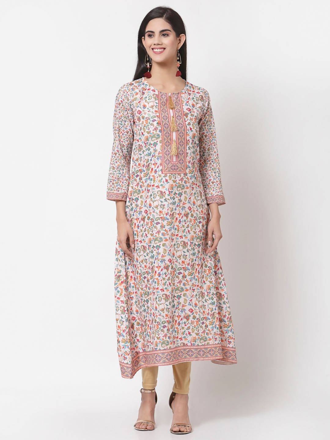 Myshka Multi Cotton Printed Full Sleeve Round Neck Casual Kurta | Grocsy
