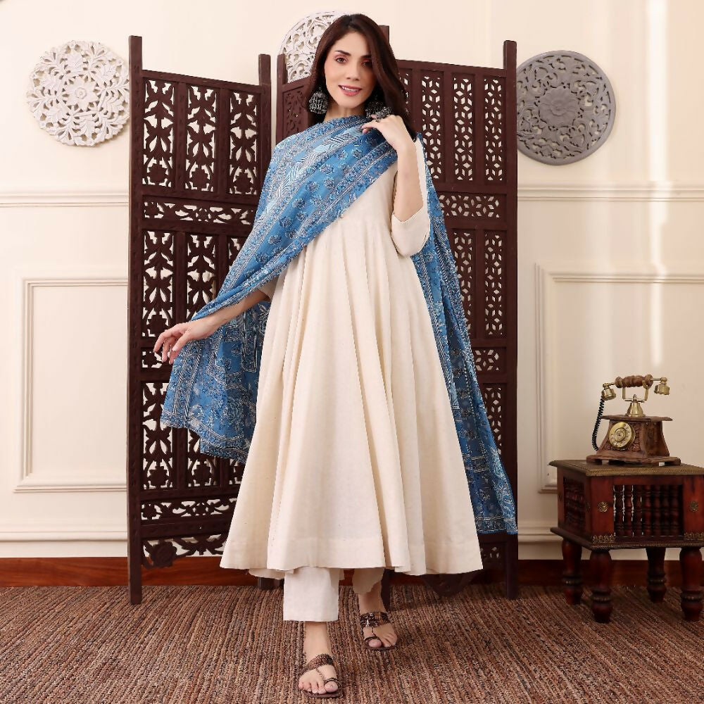 The52 Women's Beautiful Solid Chanderi Silk Fabric Flared Anarkali Pant and Dupatta Set | Grocsy