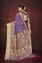 Purple Poly Habotai Silk Foil Print Saree with Unstitched Blouse - Kathari | Grocsy