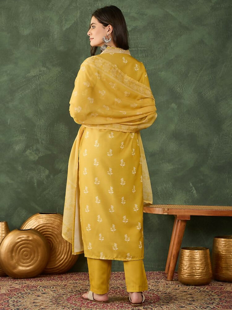 The52 Women's Gorgeous Rayon Fabric Printed Work Straight Kurta Pant and Dupatta Set | Grocsy