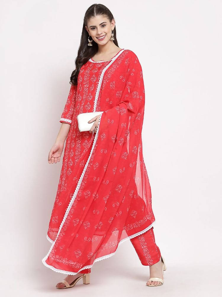 Myshka Women's Red Cotton Printed 3/4 Sleeve Round Neck Casual Kurta Pant Dupatta Set | Grocsy