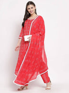 Myshka Women's Red Cotton Printed 3/4 Sleeve Round Neck Casual Kurta Pant Dupatta Set | Grocsy