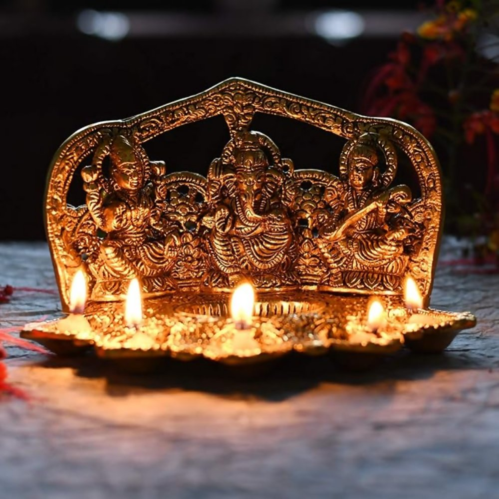 Collectible India Laxmi Ganesh Saraswati Idol Diya Oil Lamp Deepak | Grocsy