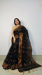 Exclusive Collection Beautiful Black Cotton Silk Woven Handloom Saree With Running Blouse Piece | Grocsy