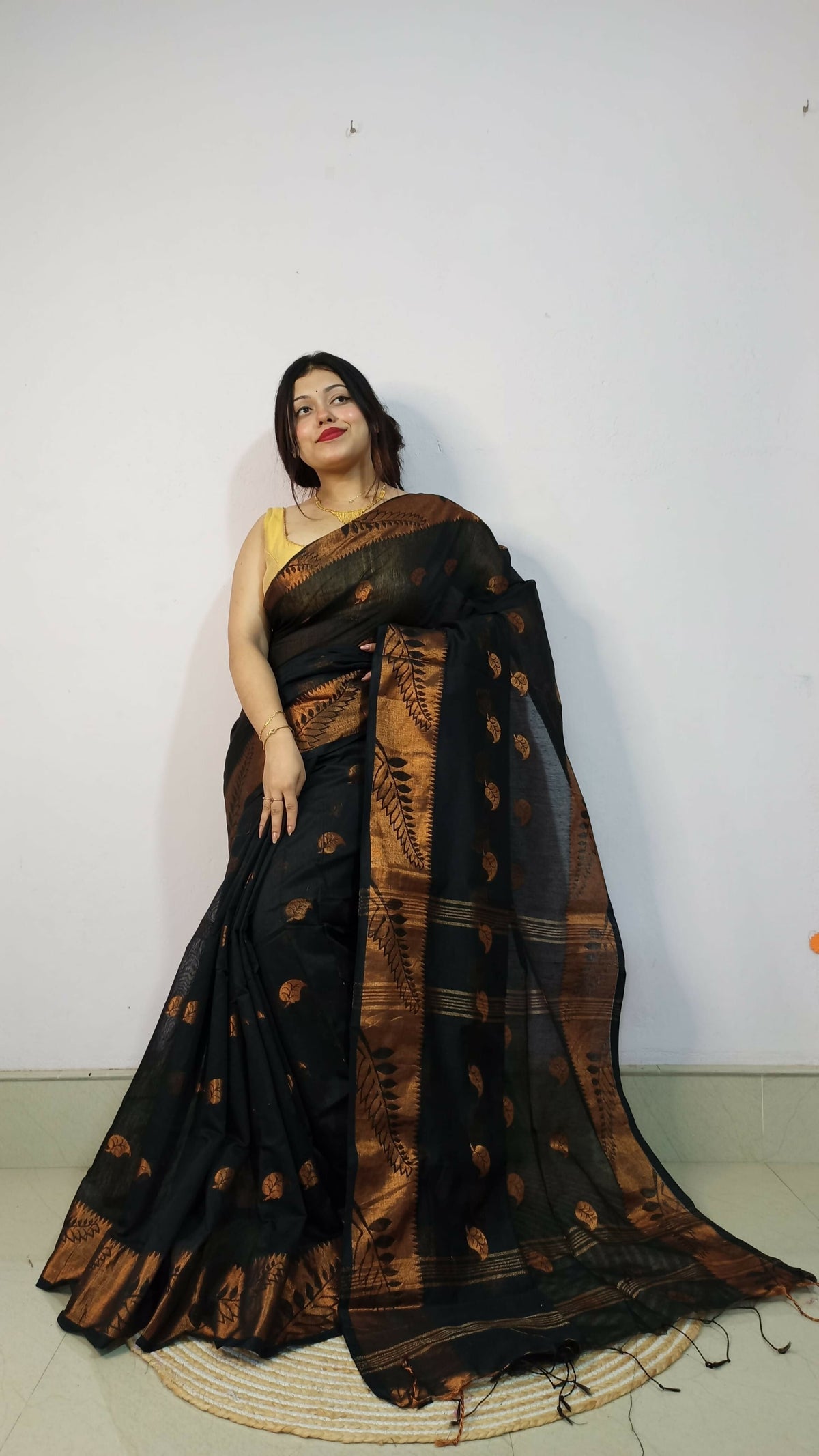 Exclusive Collection Beautiful Black Cotton Silk Woven Handloom Saree With Running Blouse Piece | Grocsy