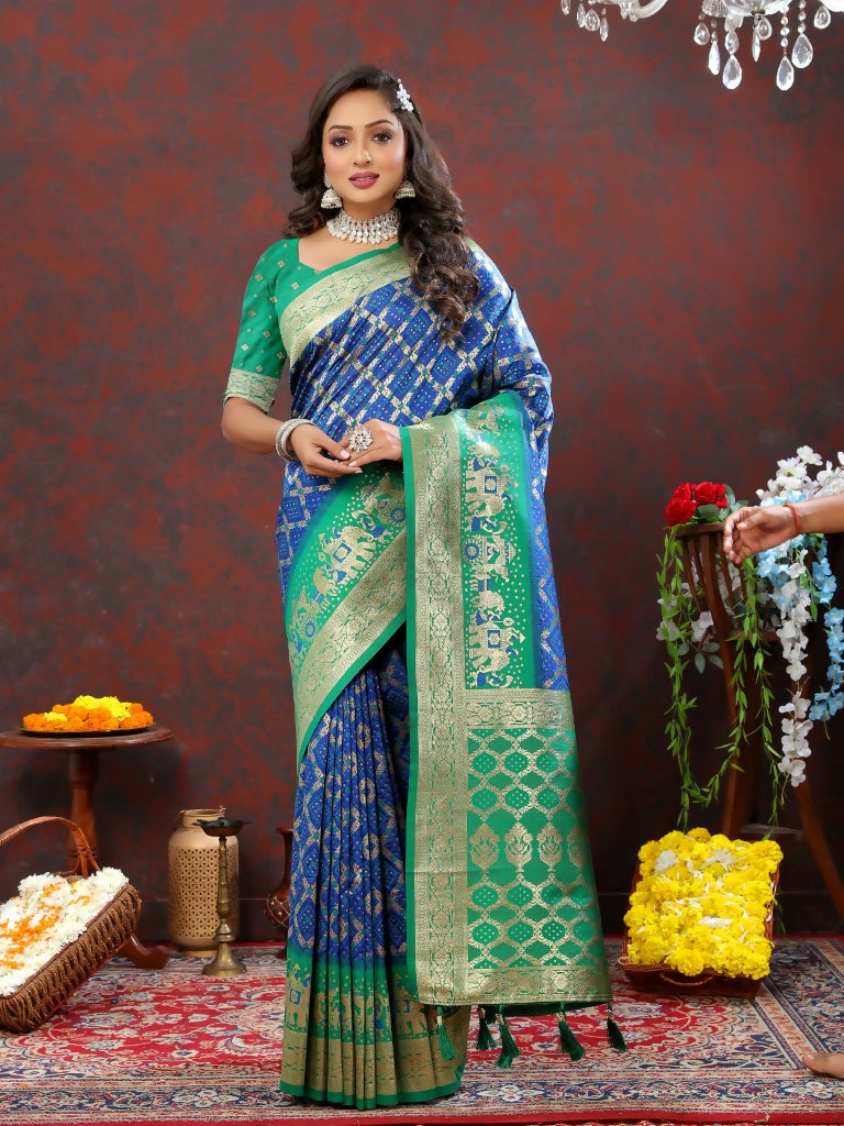 Vastranavya Royal Blue Soft Patola Silk With Meenakari Weaving Motifs And Rich Zari Weaving Pallu Saree With Matching Blouse Fabric | Grocsy