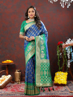 Vastranavya Royal Blue Soft Patola Silk With Meenakari Weaving Motifs And Rich Zari Weaving Pallu Saree With Matching Blouse Fabric | Grocsy