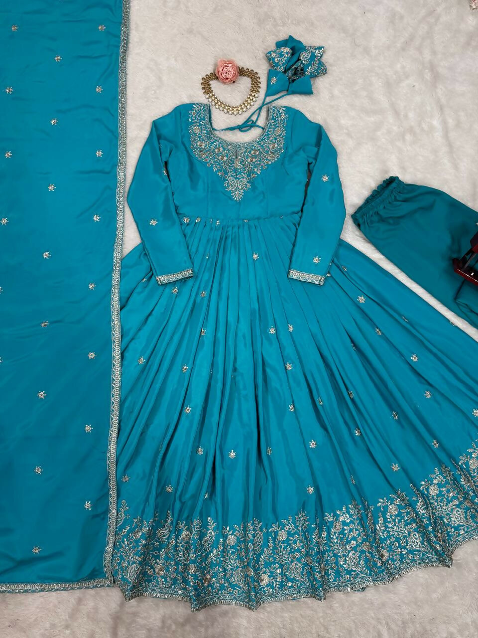 The52 Women's Beautiful American Silk Fabric Embroidery Work Flared Anarkali Pant and Dupatta Set | Grocsy